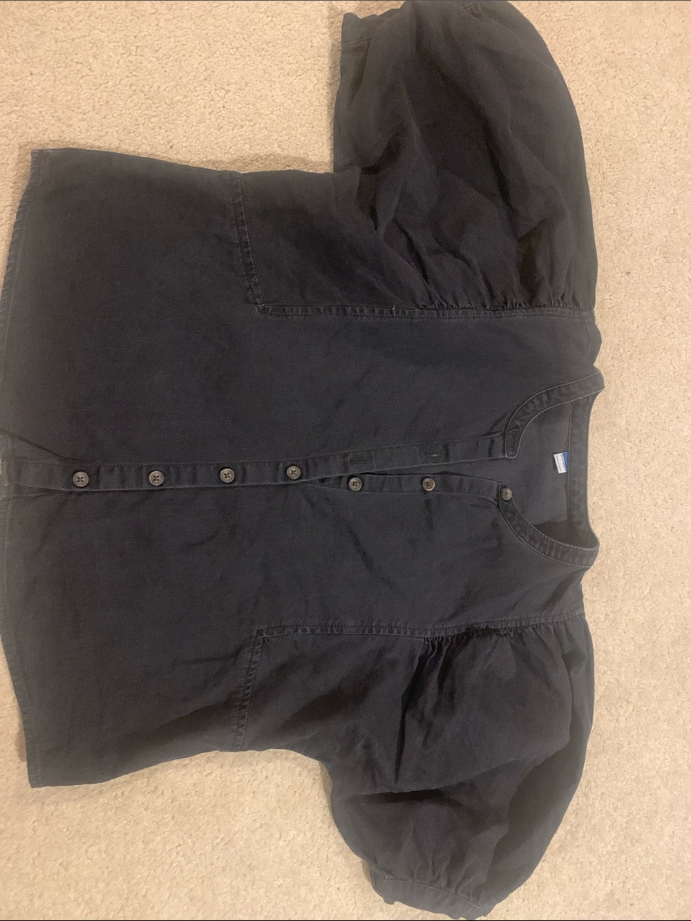 Black Denim Puff-Sleeve Button-Down Shirt